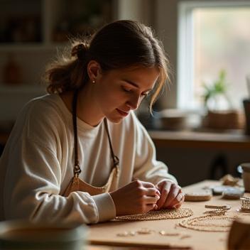 Kunsthandwerkerin arbeitet in Berliner Atelier an einem Schmuckstück